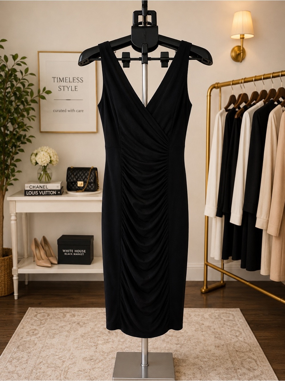 White House Black Market Black Ruched V-Neck Midi Dress